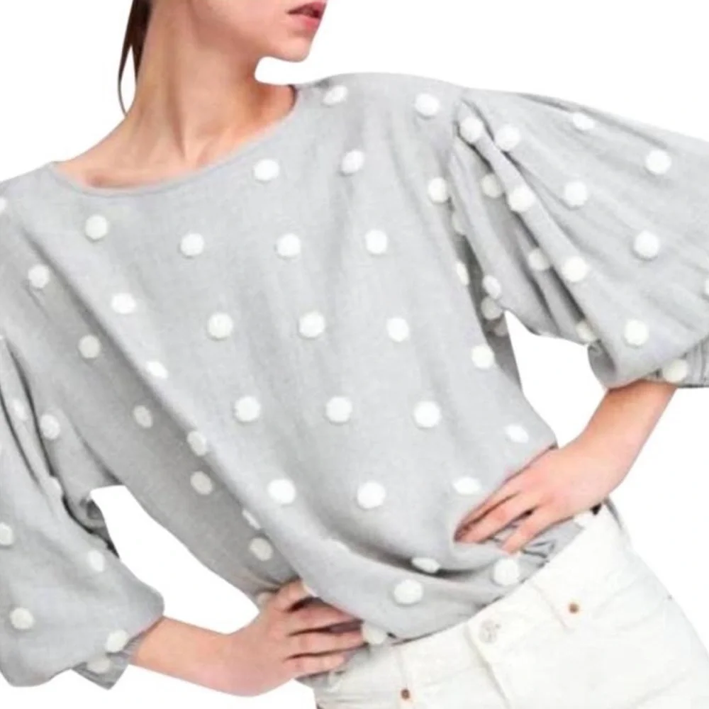 Zara Gray Puff Sleeve Top with White Polka Dots